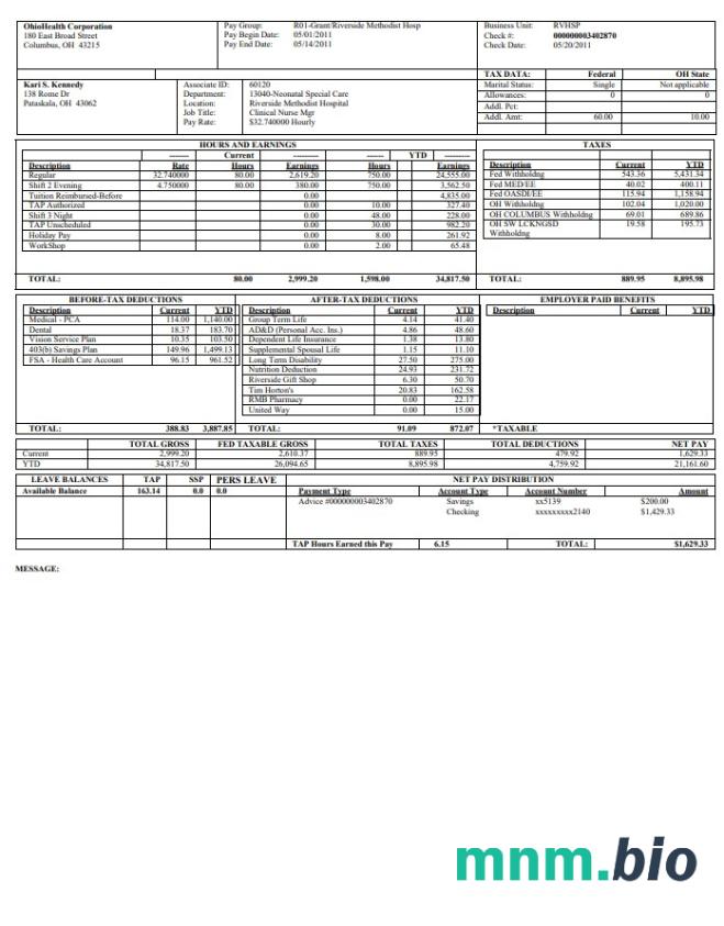 Szablon Paystub OhioHealth Corporation w formatach Word i PDF